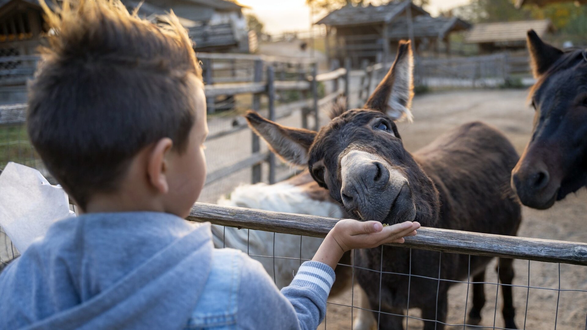 Child feeding a donkey at Rainguthof in Gfrill near Tisens, South Tyrol